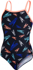 Badeanzug Mädchen Speedo Boom Logo Thinstrap Muscleback Girl Black/Neon Fire/Light Adriatic